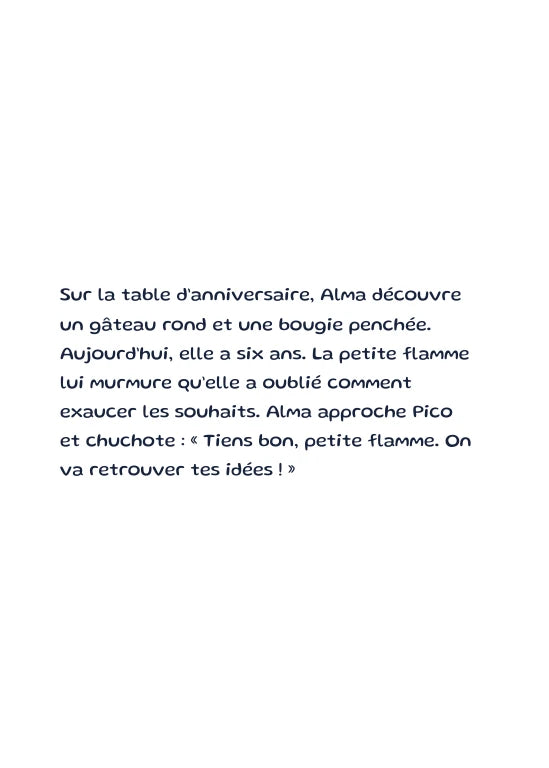 Première page de l’aperçu Alma et la bougie aux souhaits. Personnages de démonstration fictifs.