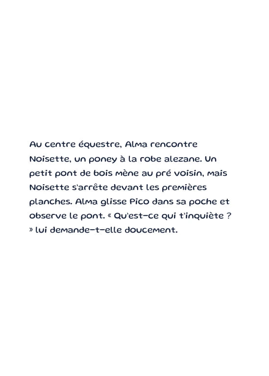 Première page de l’aperçu Alma et le pont du poney. Personnages de démonstration fictifs.