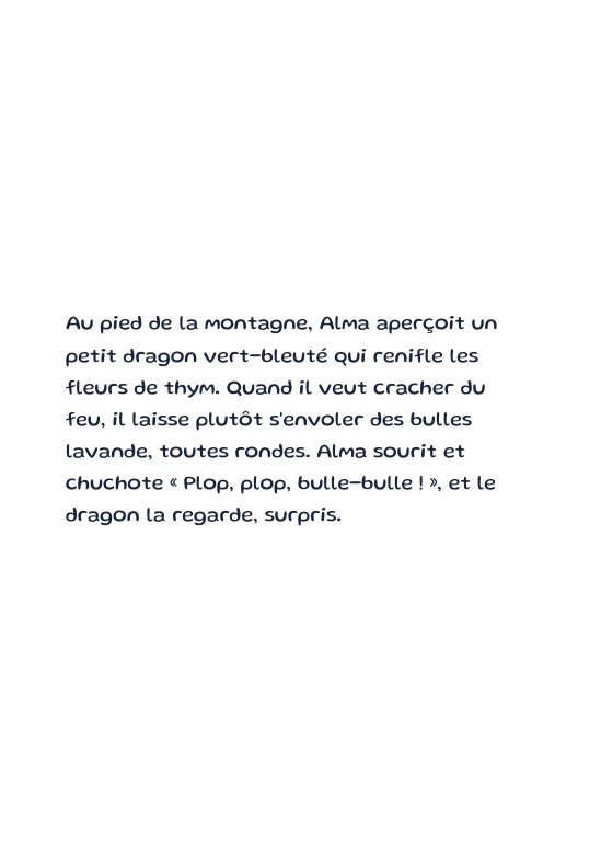 Première page de l’aperçu Alma et le dragon aux bulles. Personnages de démonstration fictifs.
