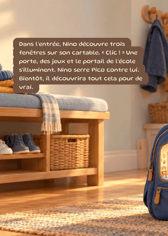 Première page de l’aperçu Nino et les fenêtres du cartable. Personnages de démonstration fictifs.