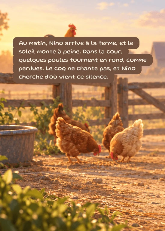 Première page de l’aperçu Nino et le réveil de la ferme. Personnages de démonstration fictifs.
