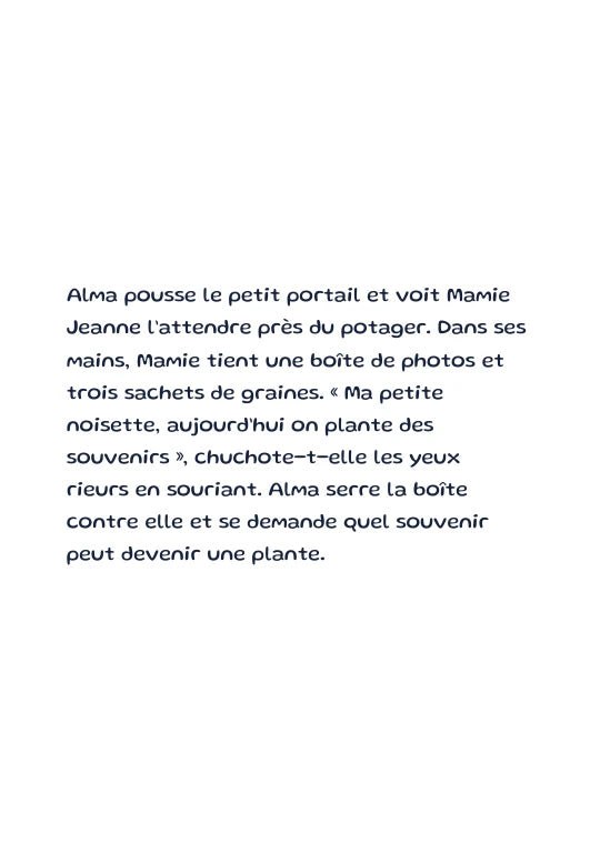 Première page de l’aperçu Alma et le jardin des souvenirs. Personnages de démonstration fictifs.