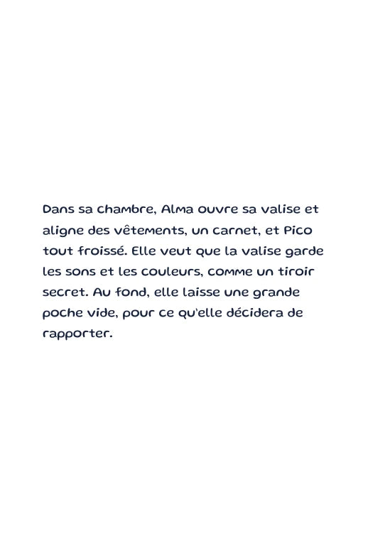 Première page de l’aperçu Alma et la valise des souvenirs. Personnages de démonstration fictifs.