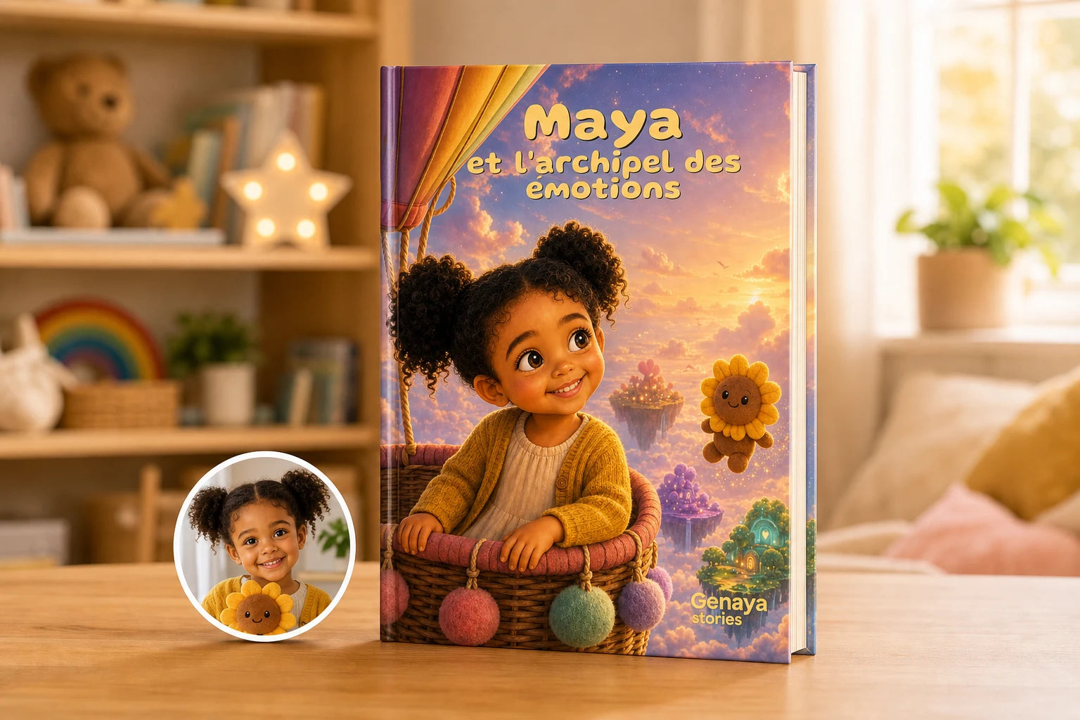Livre personnalisé Archipel imprimé en format paysage avec photo de Maya en médaillon