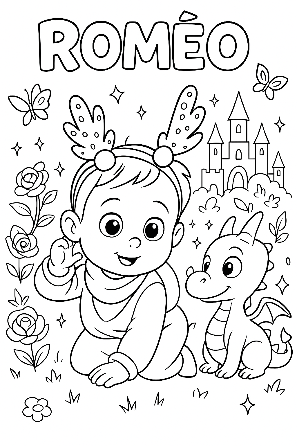 Exemple de coloriage personnalisé Roméo avec dragon et château