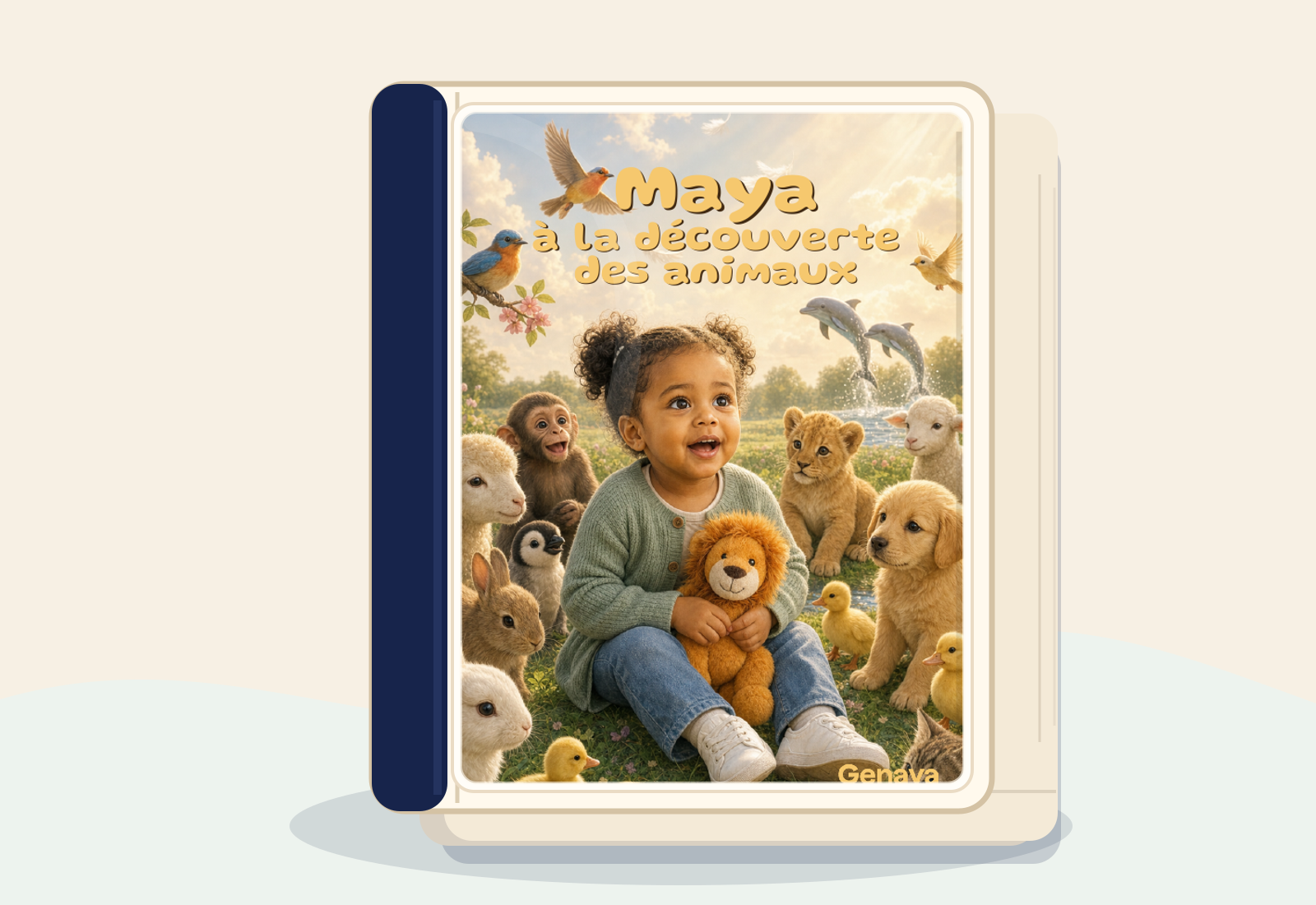 Exemple photorealiste du livre imprime Romeo a la decouverte des animaux avec couverture personnalisee