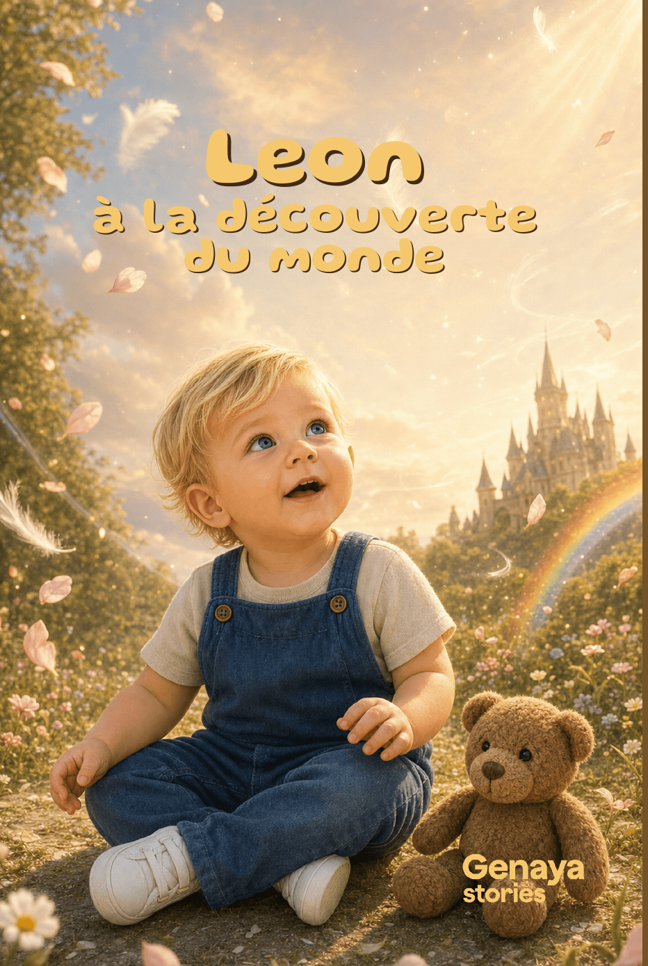 Mockup du livre imprime A la decouverte du monde avec couverture brillante et photo de Leon