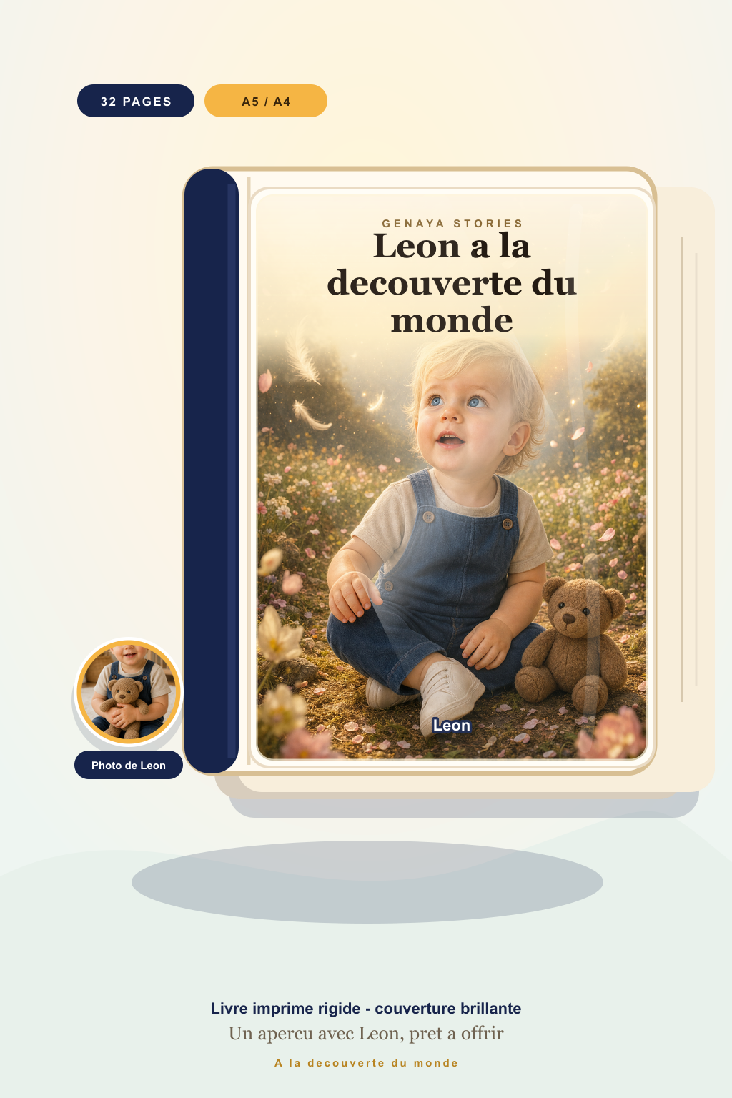 Mockup du livre imprime A la decouverte du monde avec couverture brillante et photo de Leon