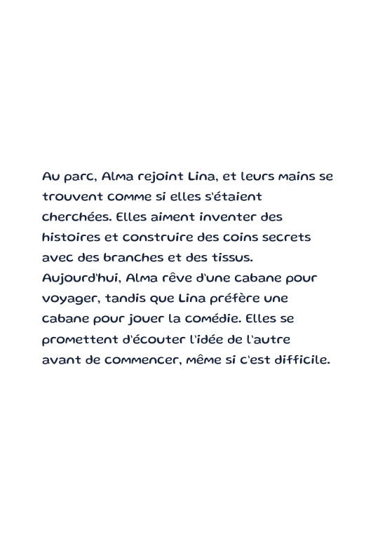 Première page de l’aperçu Alma et la cabane aux deux idées. Personnages de démonstration fictifs.