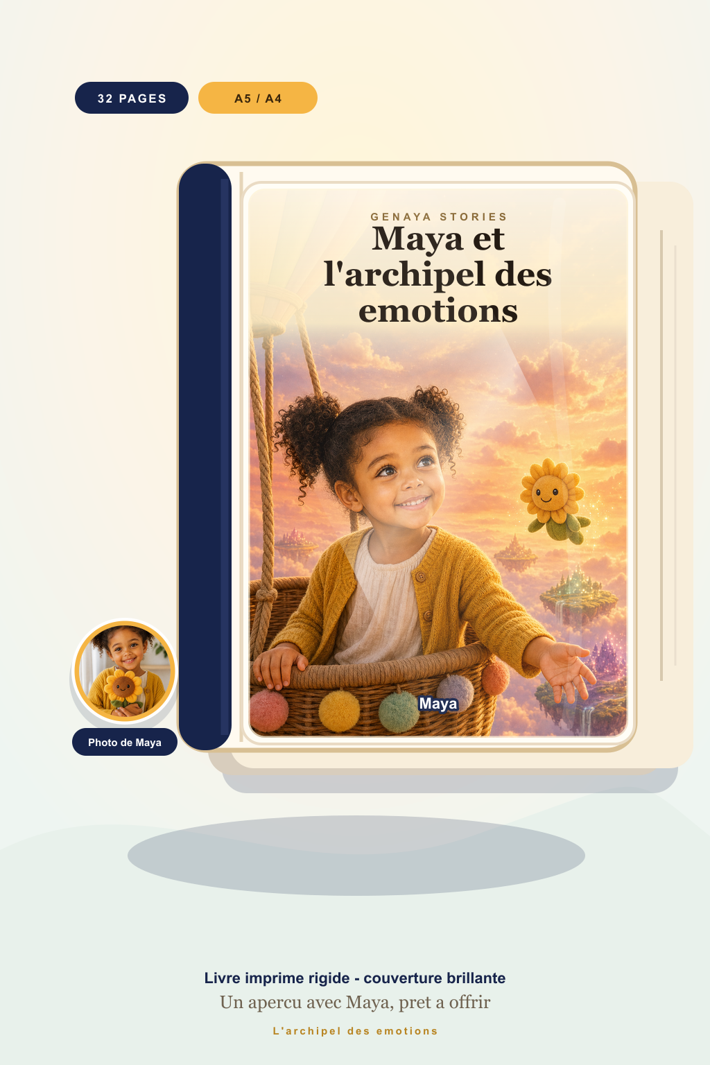 Mockup du livre imprime L'archipel des emotions avec couverture brillante et photo de Maya