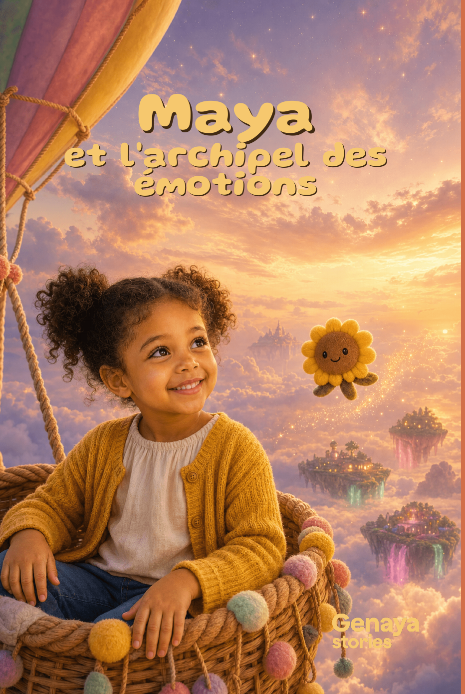 Mockup du livre imprime L'archipel des emotions avec couverture brillante et photo de Maya