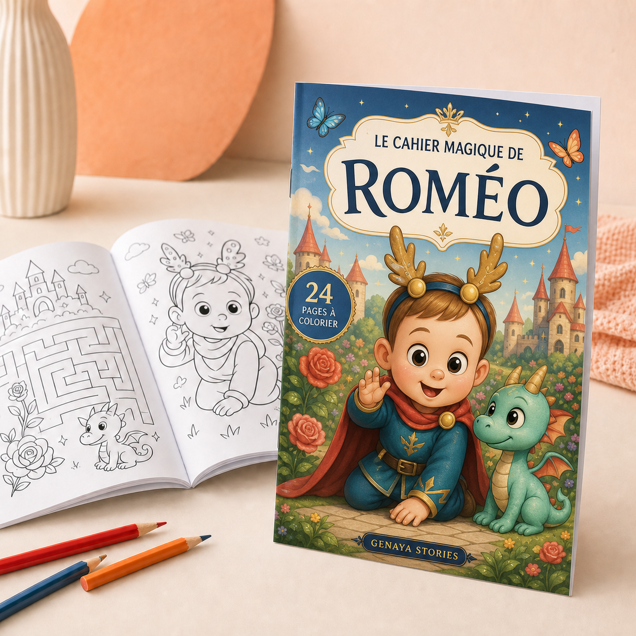 Cahier de coloriage Genaya avec couverture couleur personnalisée au prénom de Roméo
