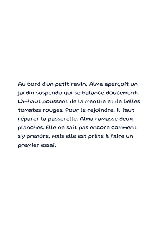 Première page de l’aperçu Alma et la passerelle des essais. Personnages de démonstration fictifs.