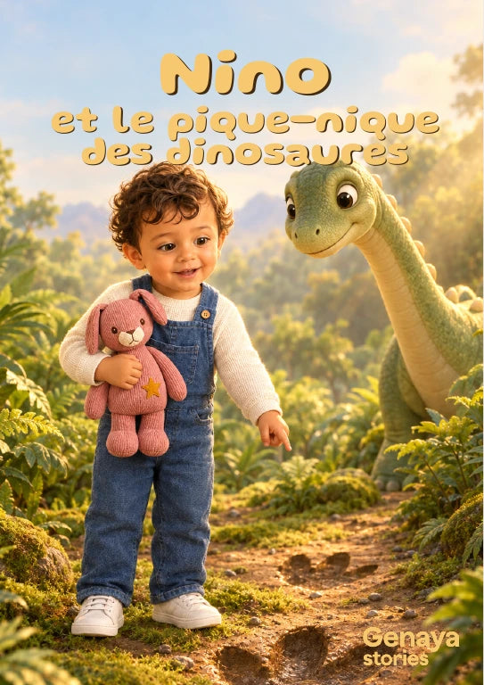 Couverture de l’aperçu Nino et le pique-nique des dinosaures. Personnages de démonstration fictifs.