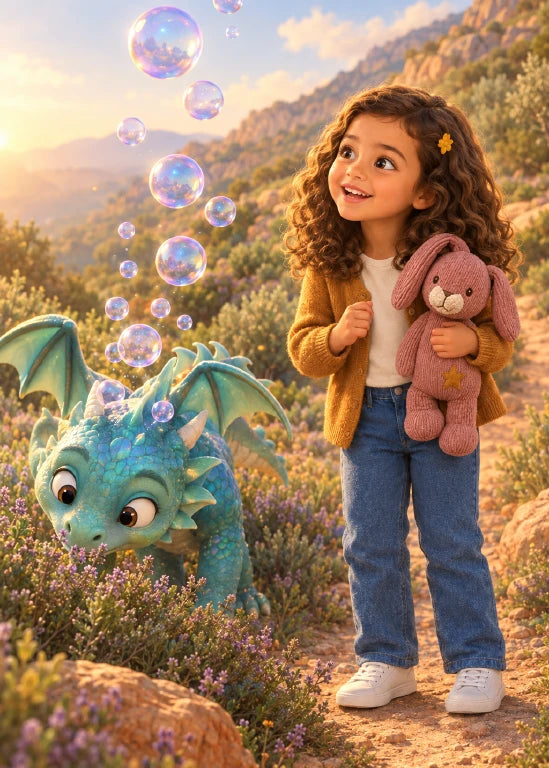 Page suivante de l’aperçu Alma et le dragon aux bulles. Personnages de démonstration fictifs.