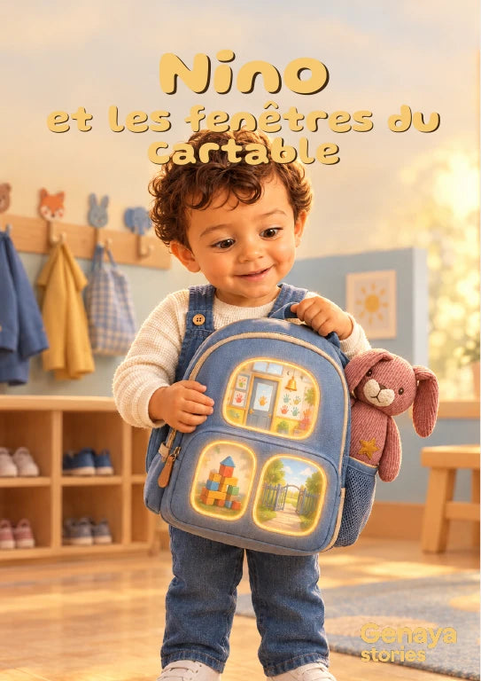 Couverture de l’aperçu Nino et les fenêtres du cartable. Personnages de démonstration fictifs.