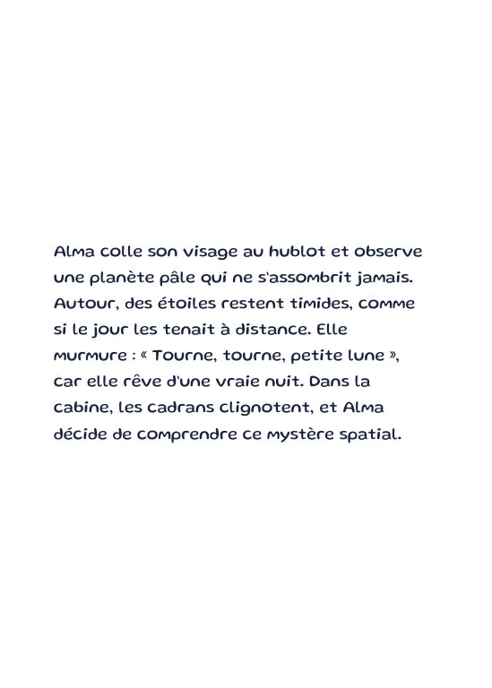 Première page de l’aperçu Alma et la planète sans nuit. Personnages de démonstration fictifs.