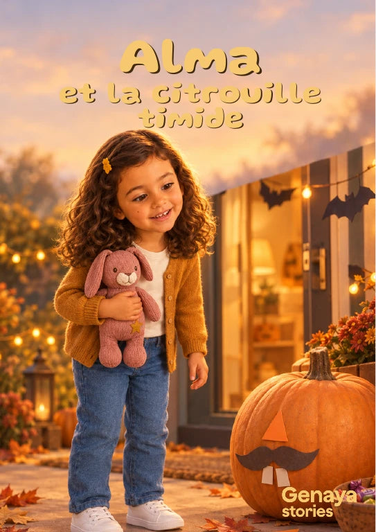 Couverture de l’aperçu Alma et la citrouille timide. Personnages de démonstration fictifs.