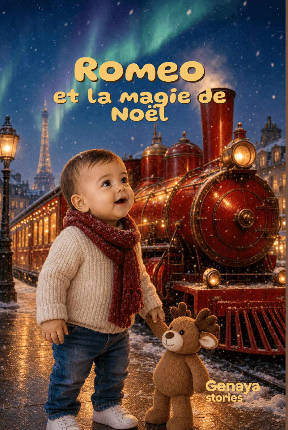 Mockup du livre imprime La magie de Noel avec couverture brillante et photo de Romeo