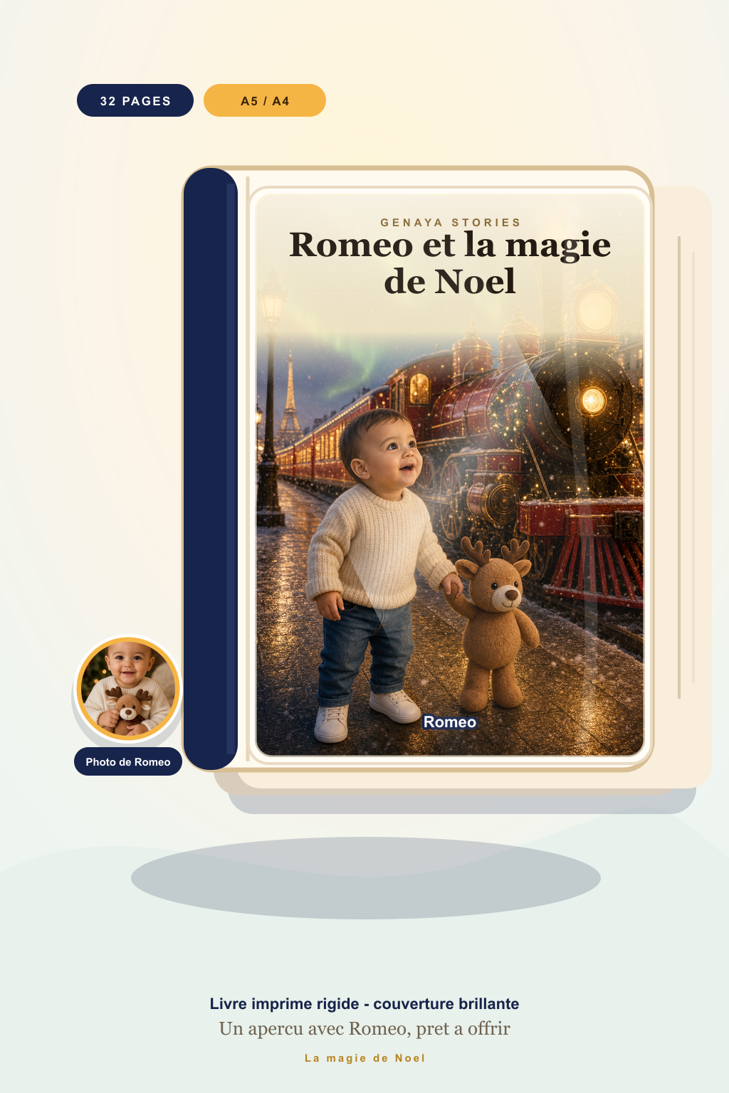 Mockup du livre imprime La magie de Noel avec couverture brillante et photo de Romeo