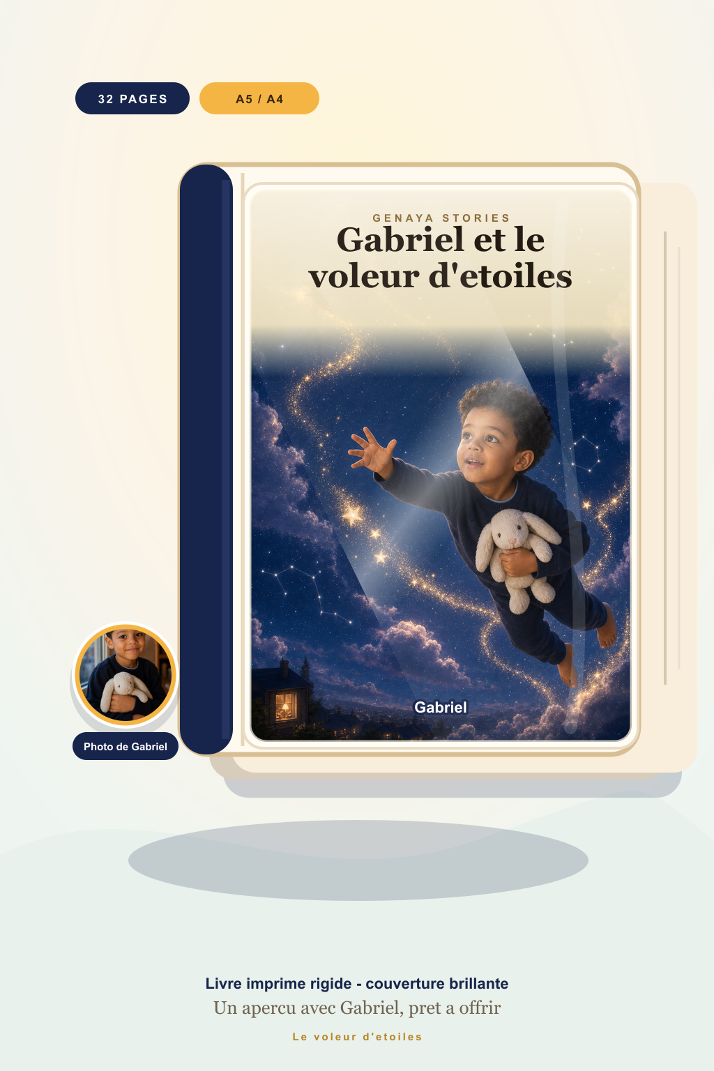 Mockup du livre imprime Le voleur d'etoiles avec couverture brillante et photo de Gabriel