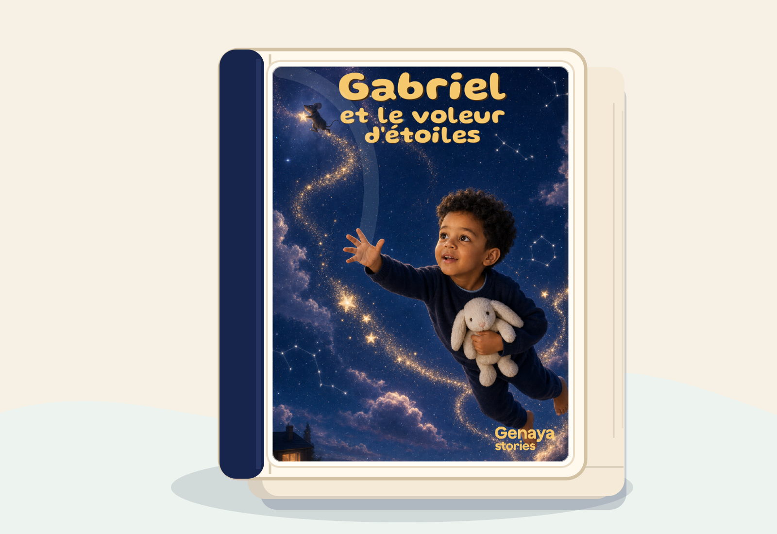 Mockup du livre imprime Le voleur d'etoiles avec couverture personnalisee