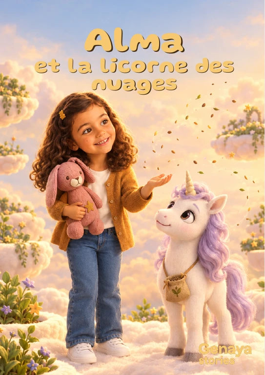 Couverture de l’aperçu Alma et la licorne des nuages. Personnages de démonstration fictifs.