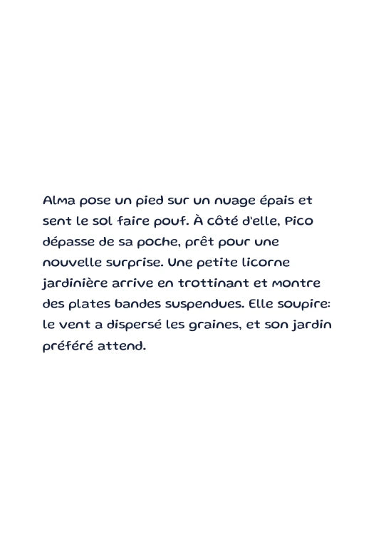 Première page de l’aperçu Alma et la licorne des nuages. Personnages de démonstration fictifs.