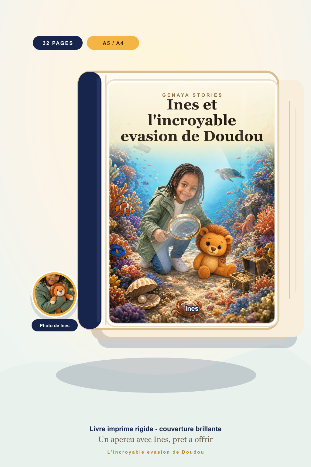 Mockup du livre imprime L'incroyable evasion de Doudou avec couverture brillante et photo de Ines