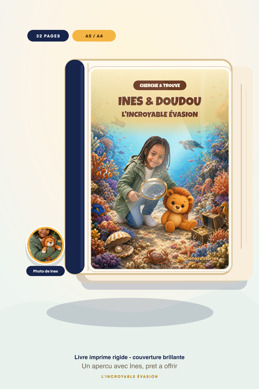 Mockup du livre imprime L'incroyable evasion de Doudou avec couverture brillante et photo de Ines