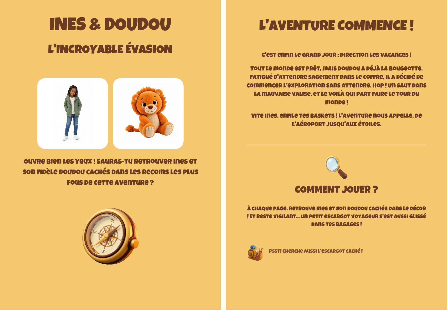 Double page interieure du livre personnalise L'incroyable evasion de Doudou