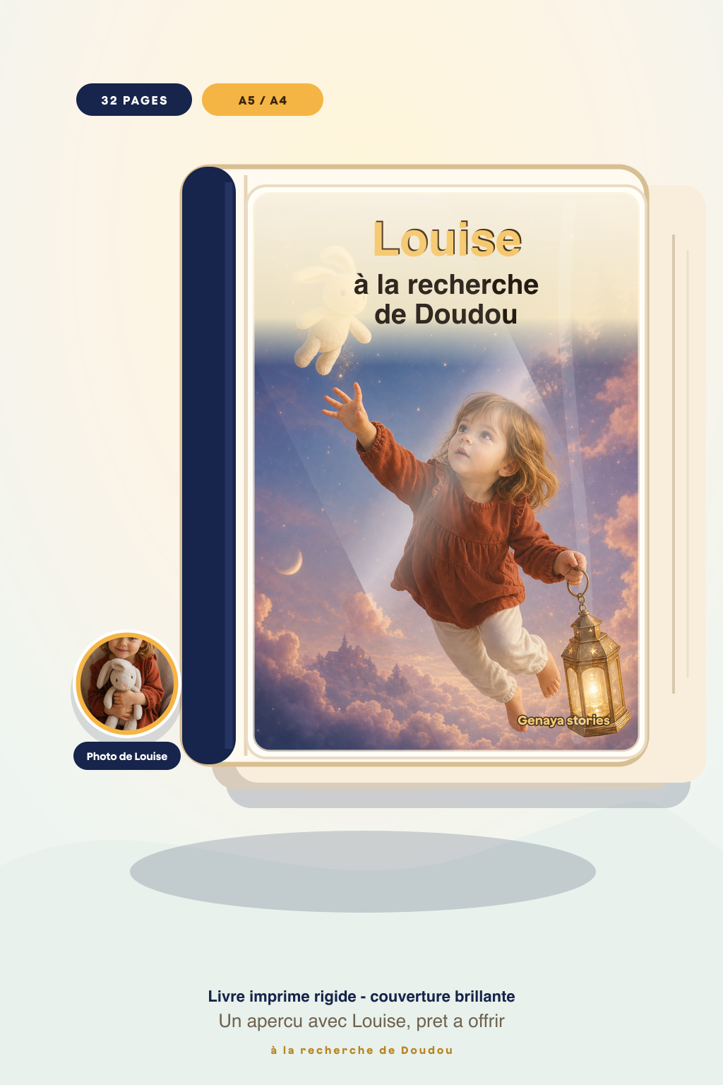 Mockup du livre imprime A la recherche de Doudou avec couverture brillante et photo de Louise