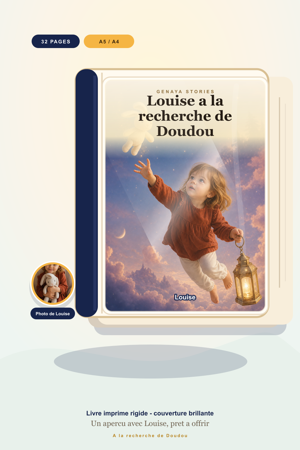 Mockup du livre imprime A la recherche de Doudou avec couverture brillante et photo de Louise
