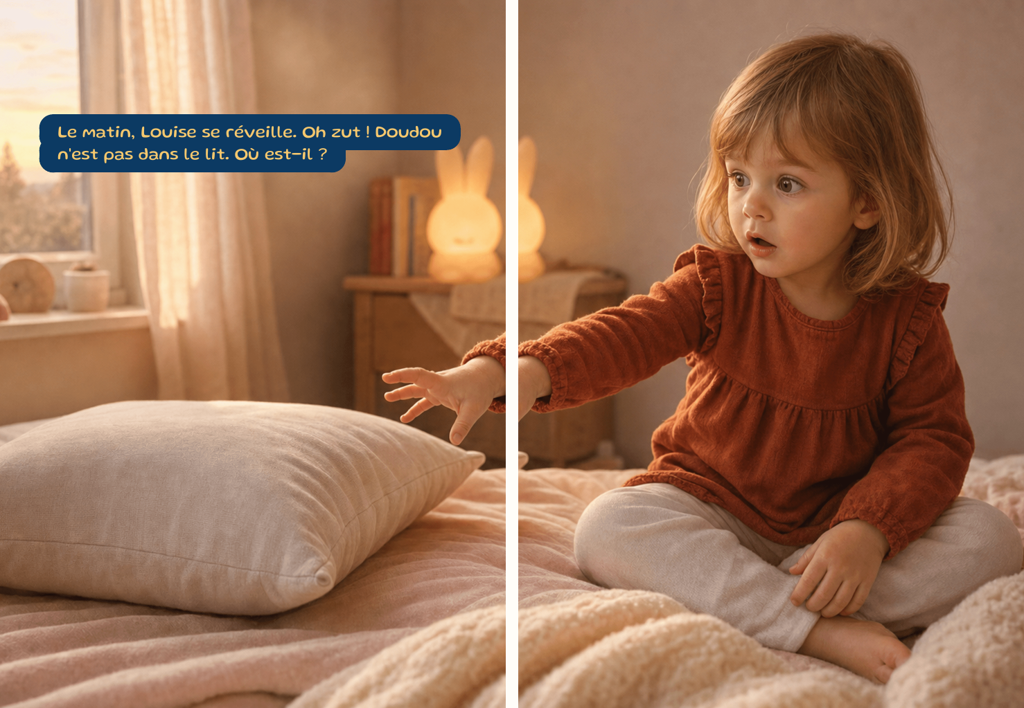 Double page interieure du livre personnalise A la recherche de Doudou
