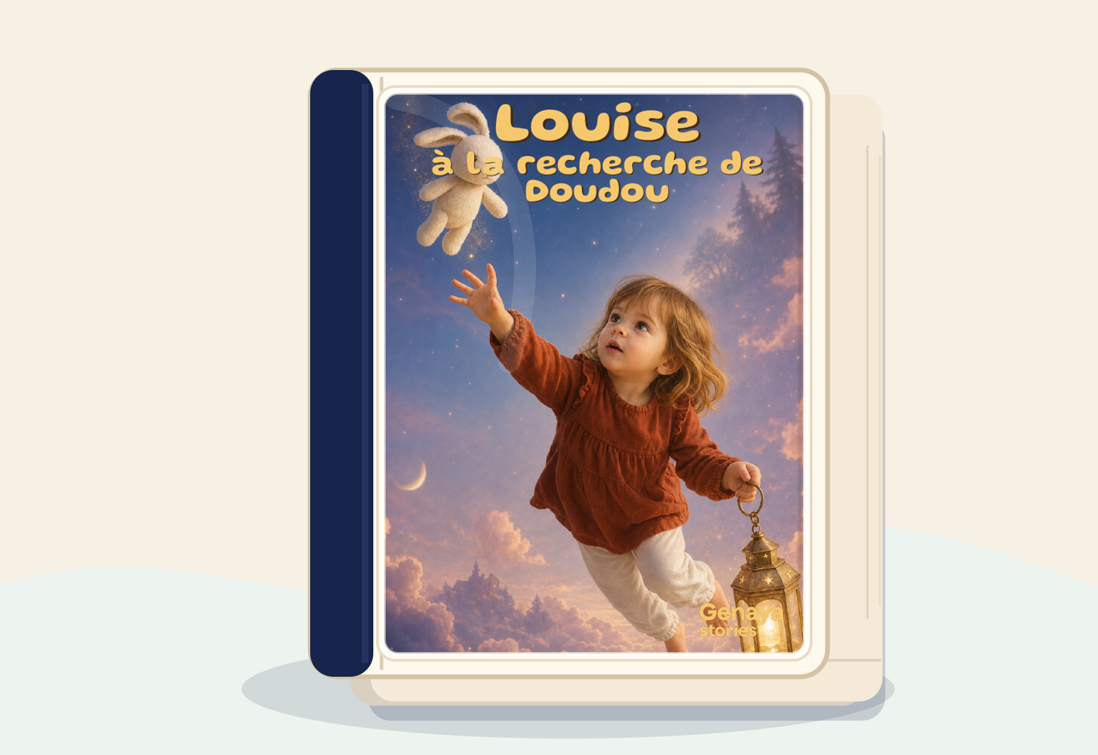 Mockup du livre imprime A la recherche de Doudou avec couverture personnalisee