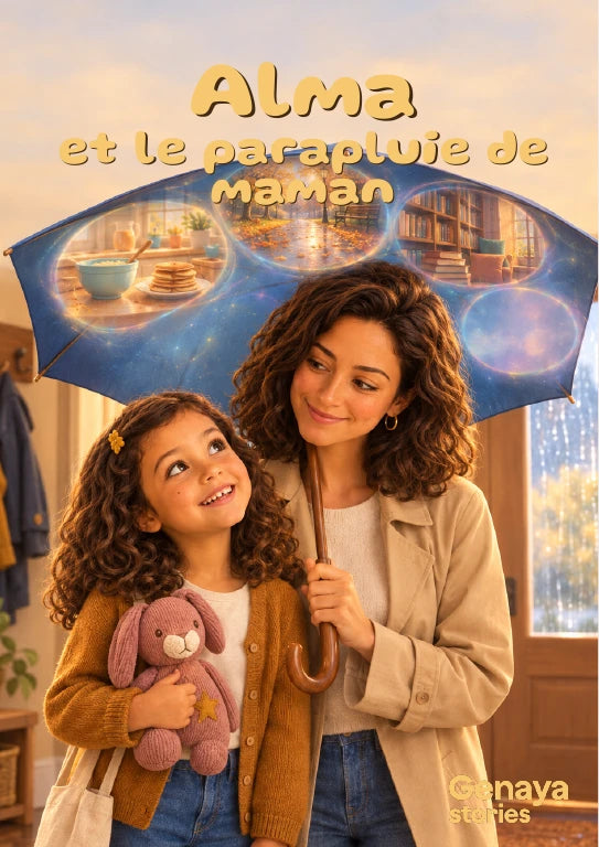 Couverture de l’aperçu Alma et le parapluie de maman. Personnages de démonstration fictifs.