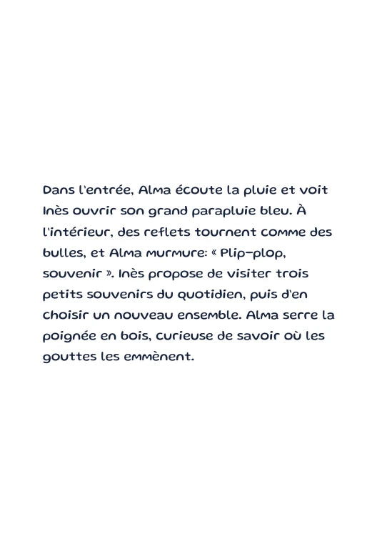 Première page de l’aperçu Alma et le parapluie de maman. Personnages de démonstration fictifs.