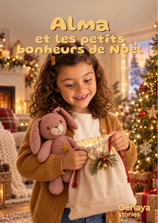 Couverture : Alma et les petits bonheurs de Noël. Style réaliste. Personnages de démonstration fictifs.