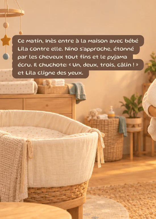 Première page de l’aperçu Nino et la maison des câlins. Personnages de démonstration fictifs.
