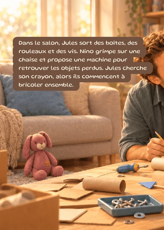 Première page de l’aperçu Nino et les inventions de papa. Personnages de démonstration fictifs.