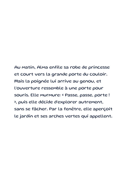 Première page de l’aperçu Alma et les portes du château. Personnages de démonstration fictifs.