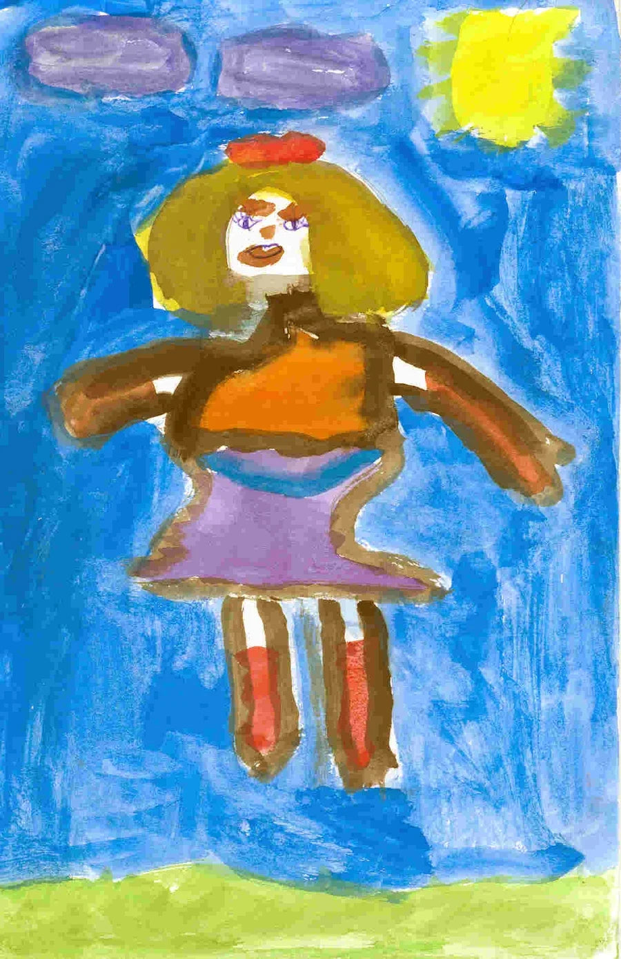 Vrai dessin peint par une enfant : personnage à robe violette et bottes rouges