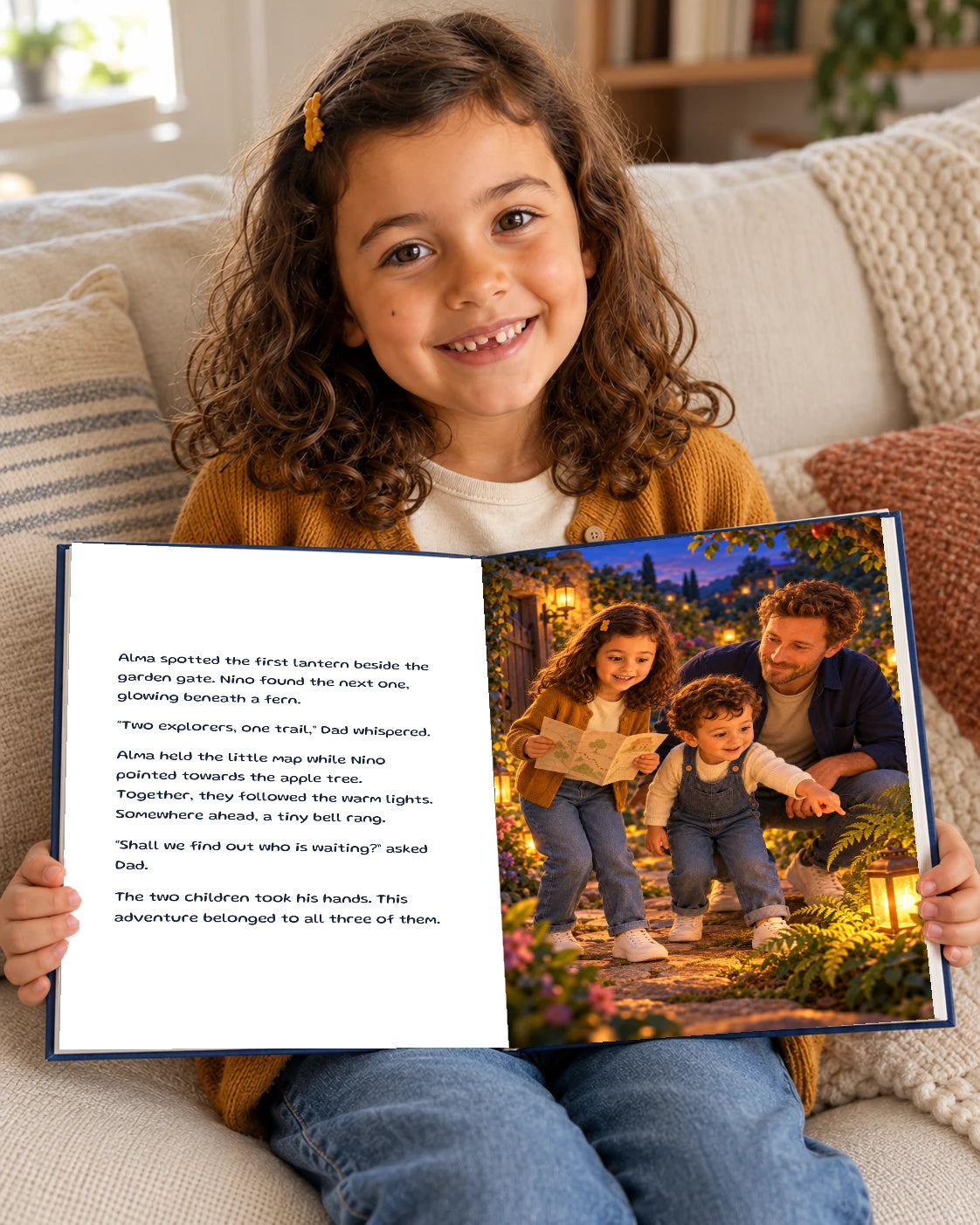Open Genaya demo book in Alma’s hands, showing the two siblings and their dad together