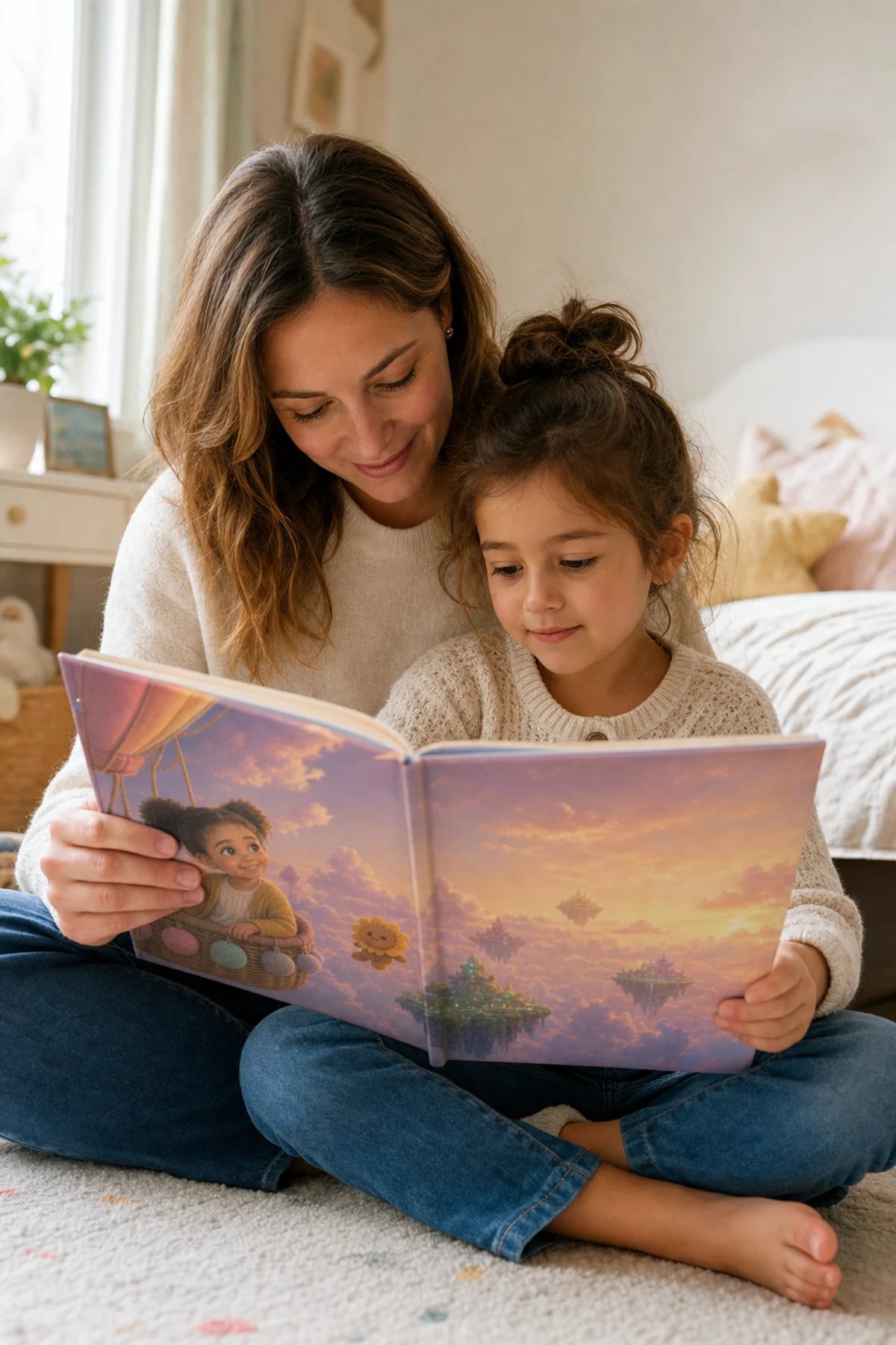 Parent et enfant lisant un livre personnalisé Genaya